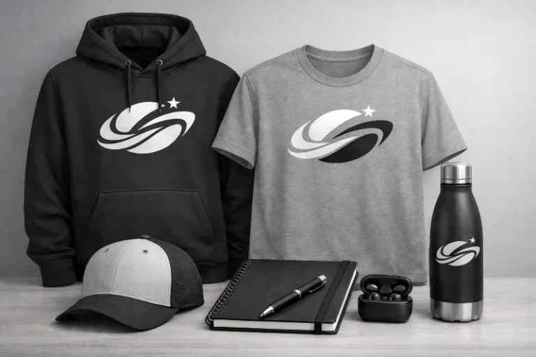 Фирменный мерч от студии Riverstudio: худи, футболка, кепка и бутылка с логотипом